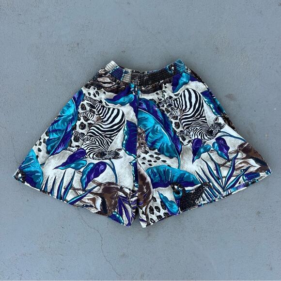 Vintage Connections Safari Zebra Gazelle Cheetah Leaf High Waist Elastic Shorts - Picture 2 of 5